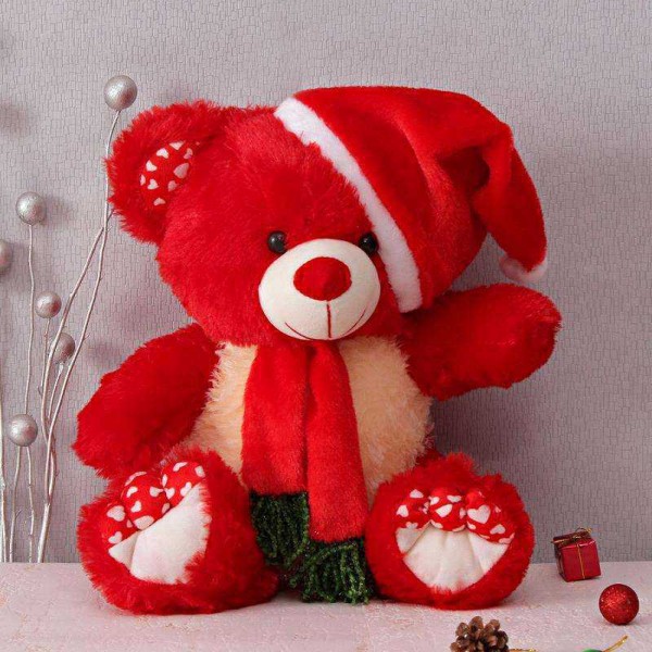 Red 15 Inch Christmas Teddy Bear with cap and muffler